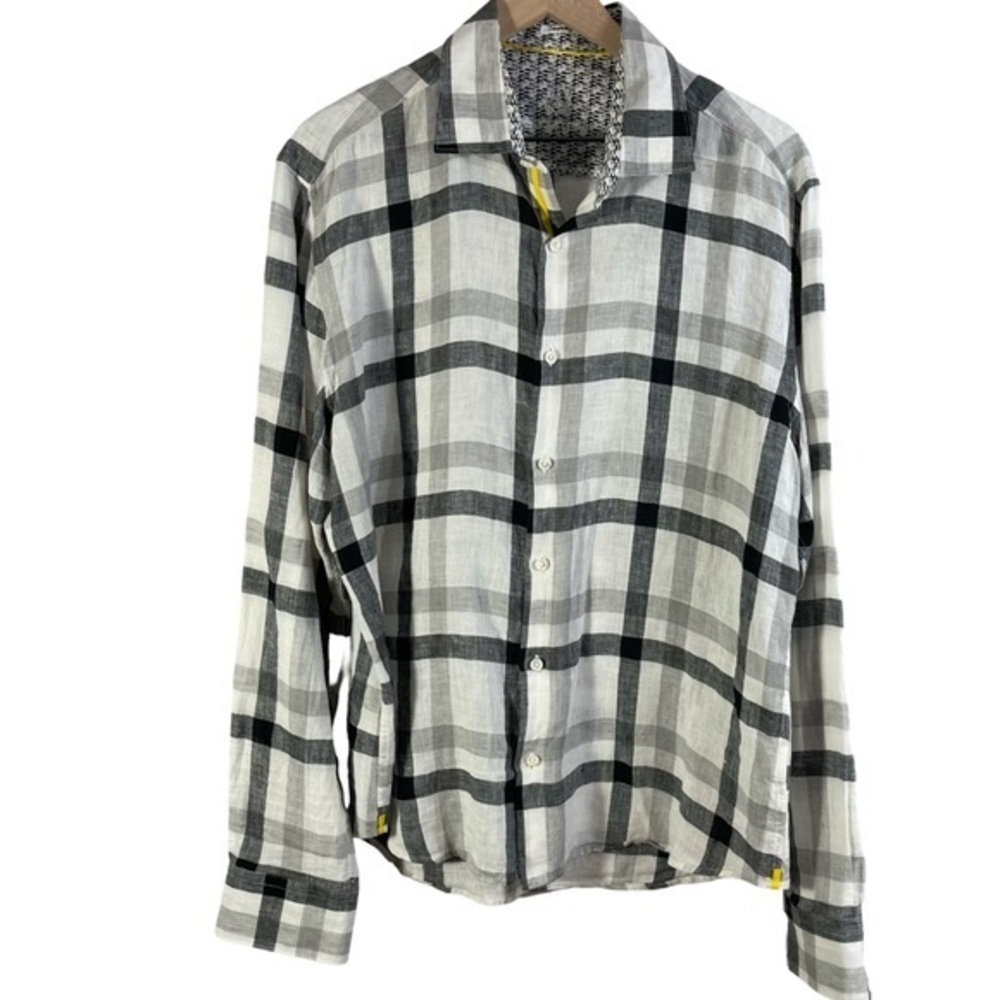 Bugatchi Shaped Button Down Linen Shirt Size L Color Plaid